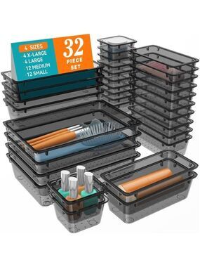 32 PCS Clear Drawer Organizer Set Storage Bins Desk Makeup Jewelry Office Kitche